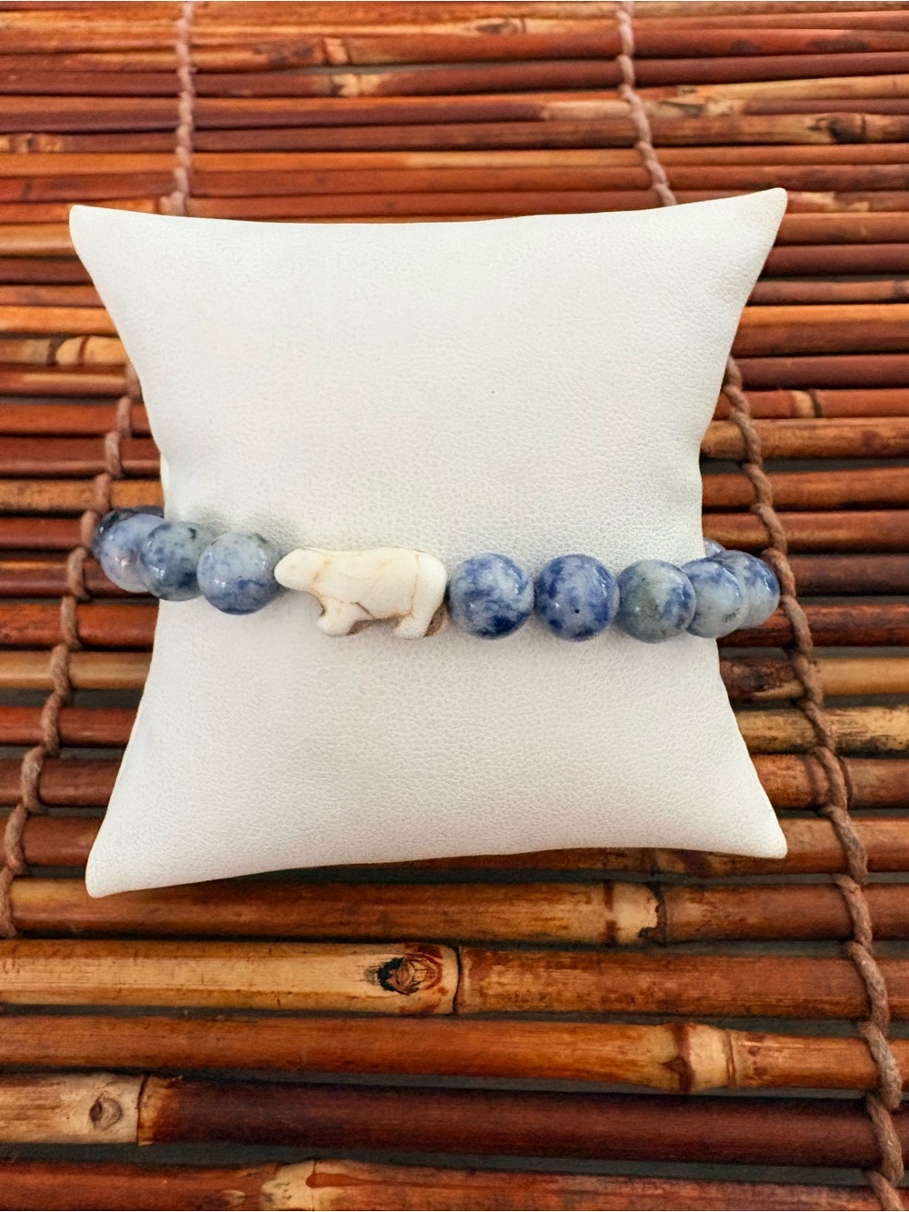 Blue Semiprecious Beaded Bracelet with White Bear Accent
